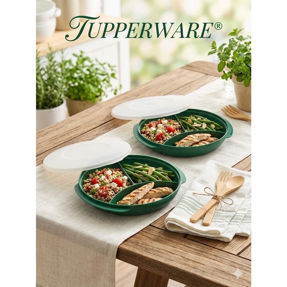 Vintage Tupperware Microwave Reheatable Divided Plates with Lids - Set of 2